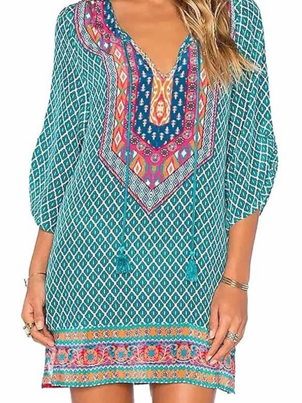 Urban Co Co Blue Geometric Tunic Shift Dress Tassels Boho Ruched Sleeves XXL